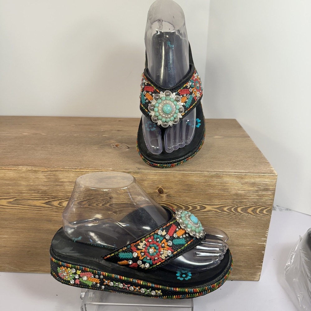 Montana West Turquoise Wedge Flip Flop Sandals Womens 6 Rhinestone Floral Boho